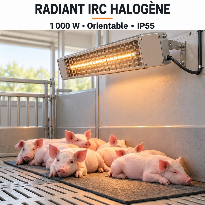 Radiant IRC inox tube halogène 1000W orientable elevage porc